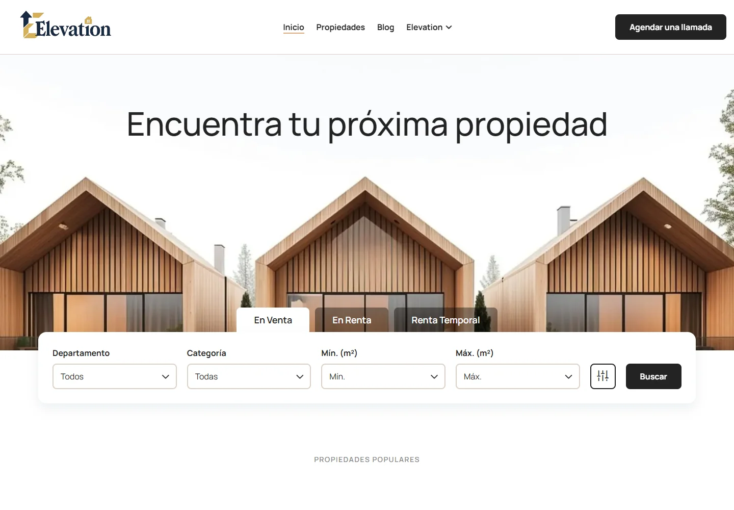 Captura real de la portada de Inmobiliaria Elevation y su búsqueda pública de propiedades.