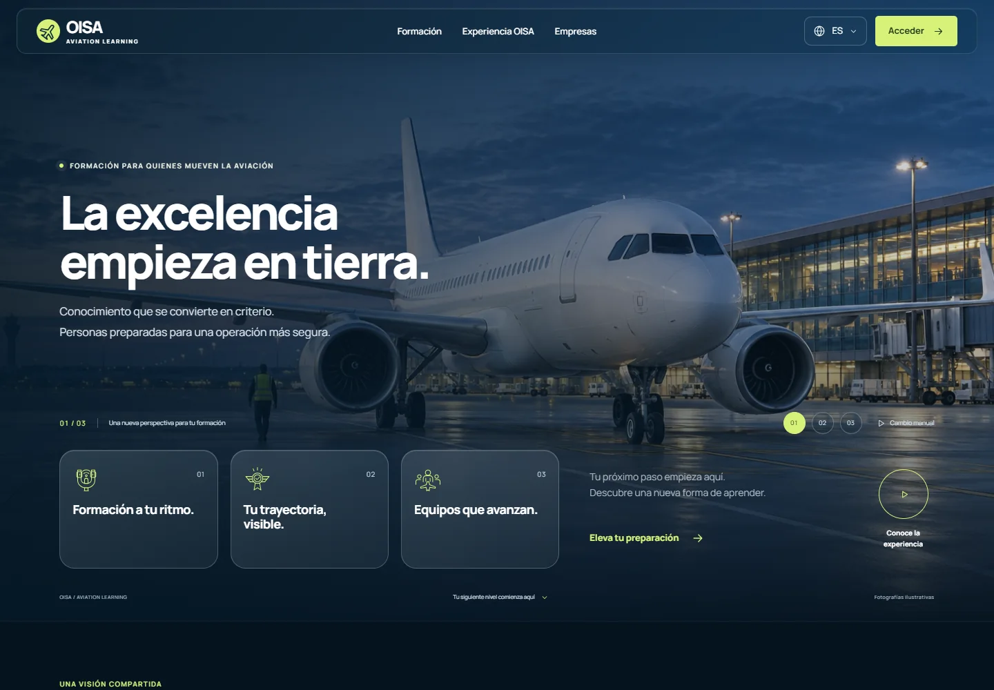 Captura real de la portada pública de OISA, con su propuesta de formación aeronáutica.