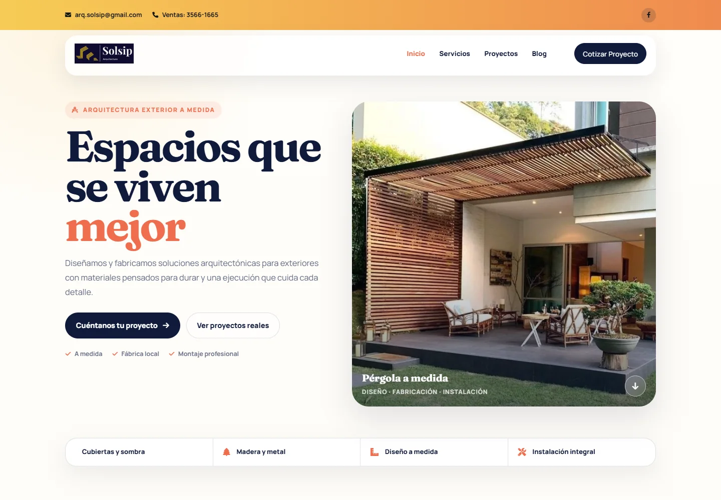 Captura real de la portada de Arquitectura SOLSIP, con una pérgola y sus servicios para exteriores.